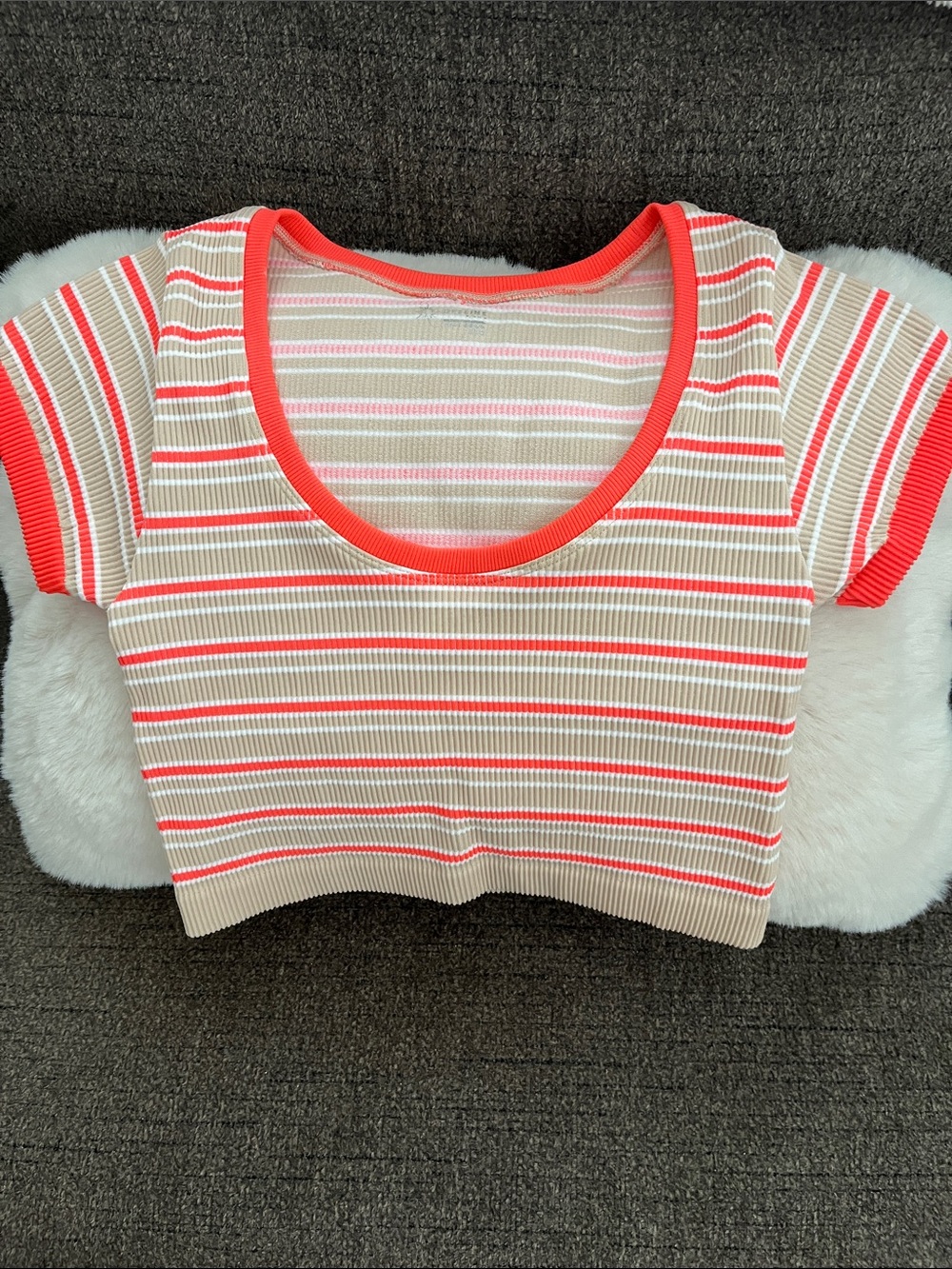 Girls' Short-Sleeve Ribbed Stripe Tee in Beige & Coral